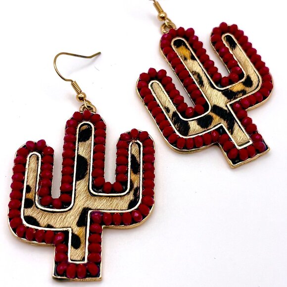 Red Crystal Beaded Leopard Animal Print Saguaro Cactus Southwest Dangle Earrings - Picture 2 of 5